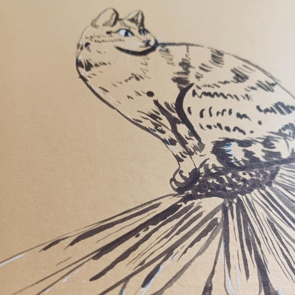 ORIGINAL ART Cat on Daisy by Maria Rivera. Ink Painting on 12x12" mat board - Picture 4 of 7